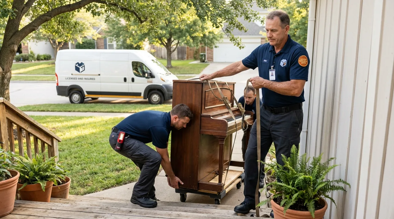 Licensed piano movers securing grand piano in Whiteville, NC
