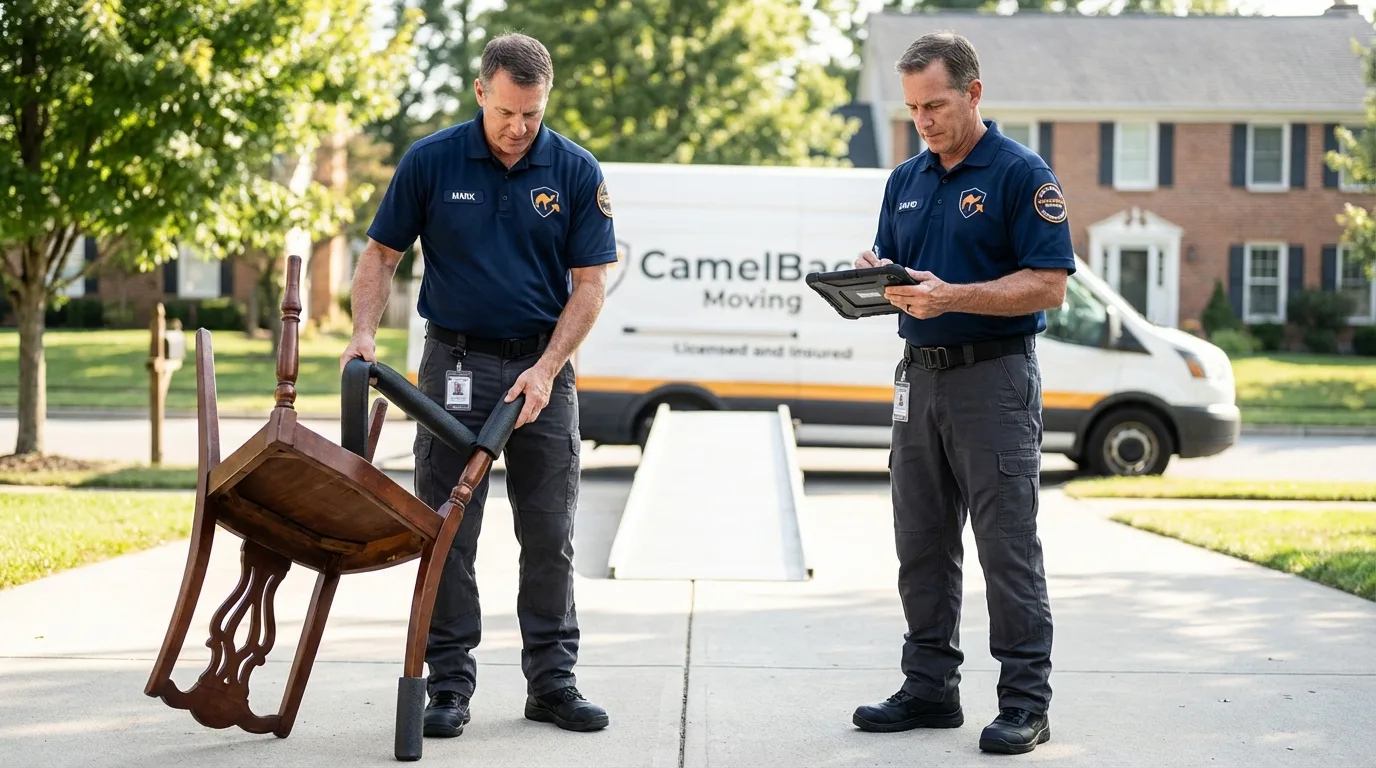 Movers inspecting furniture for damage prevention before loading in Whiteville, NC