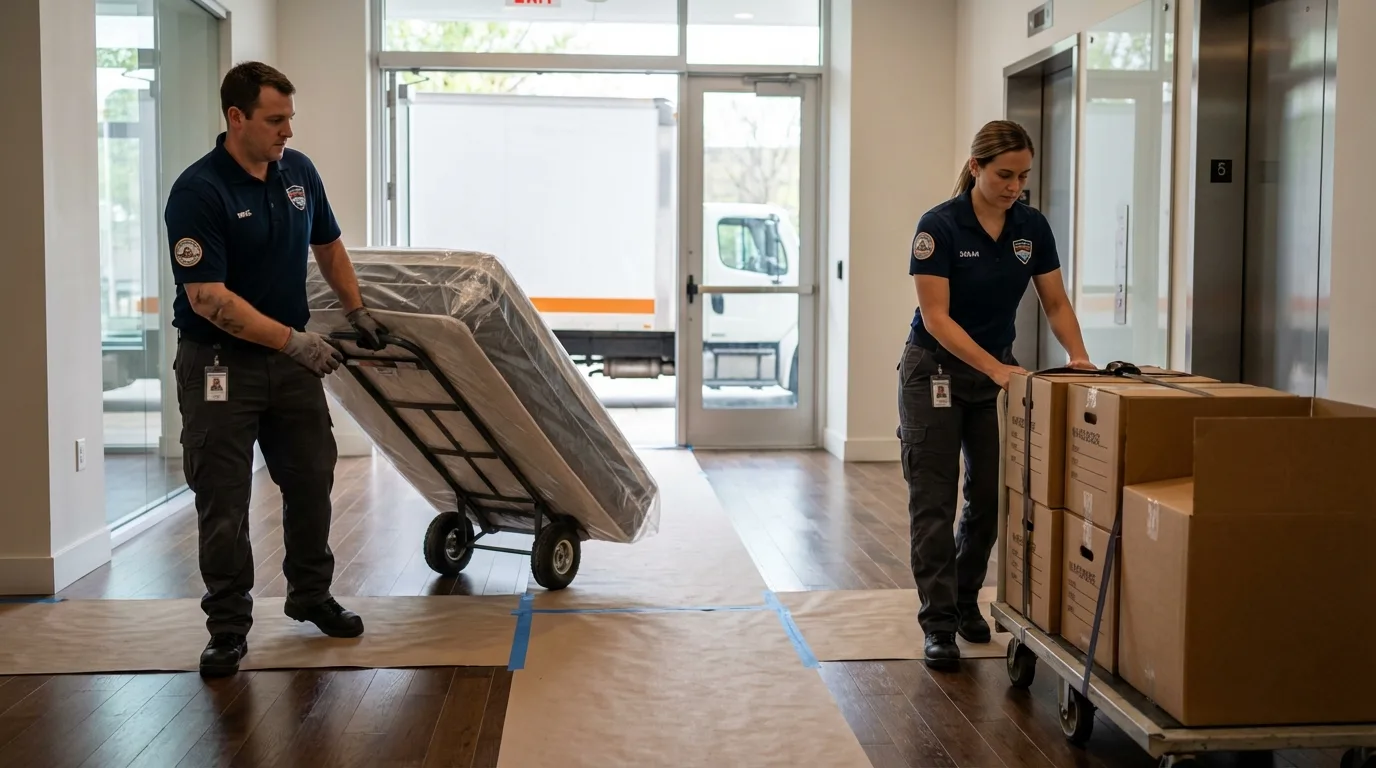 Professional apartment movers loading elevator in Whiteville, NC