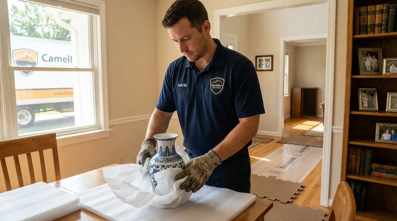 Professional crew carefully wrapping antique vase for senior downsizing move in Whiteville, NC